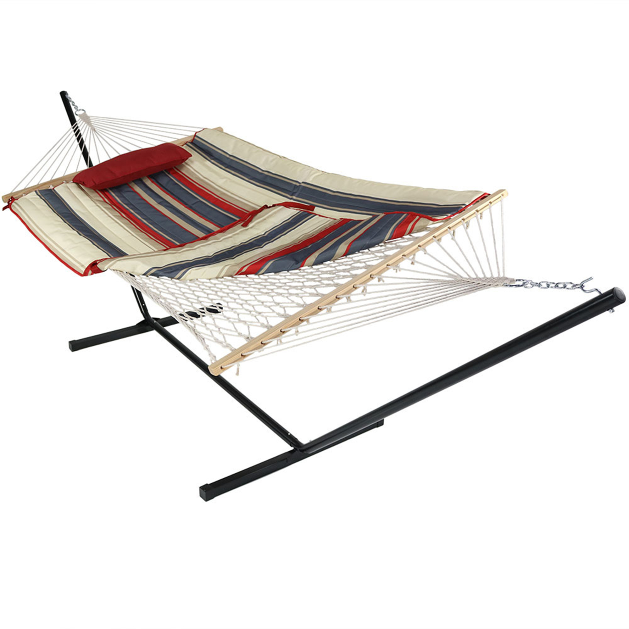Sunnydaze Decor, Rope Hammock with 12ft. Stand - Modern Lines, Color Red, Capacity 275 lb, Material Woven Cord, Model# DL-MLRH-Combo